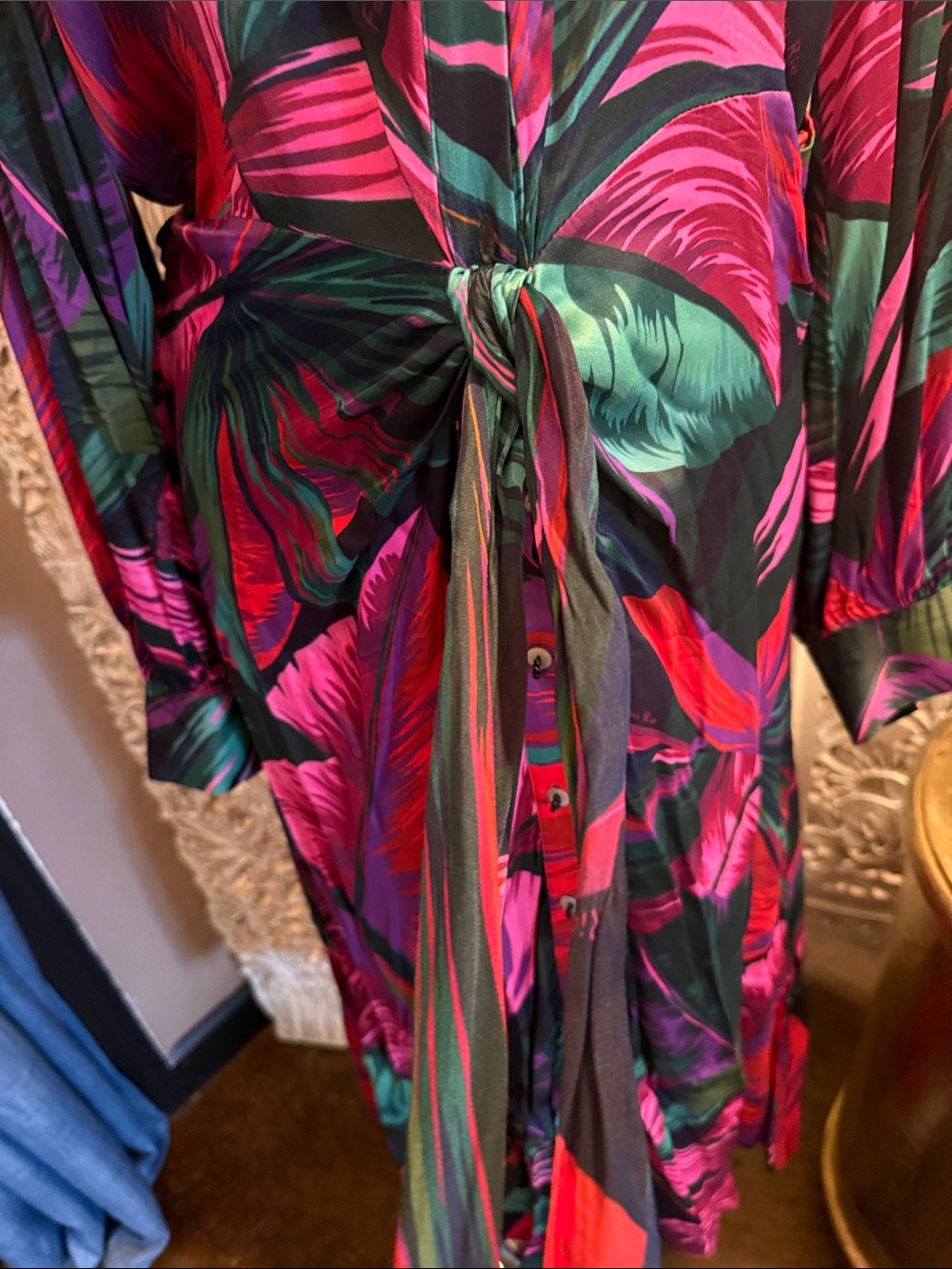 FARM Rio Multicolor Tropical-Leaf Button-Front Long Sleeve Midi Dress - Picture 4 of 12